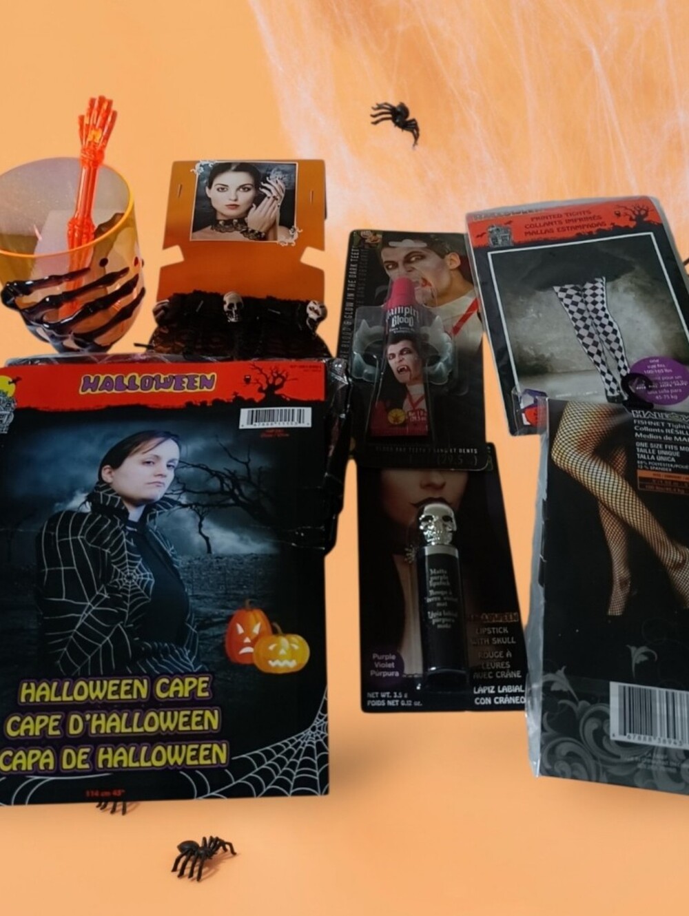 Halloween Bundle Spiderweb Cape - Black, Purple Skull Lipstick, Fidhnet Tights